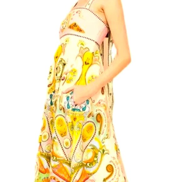 AVANT GARD Multi Color linen PAISLEY PRINT MIDI DRESS M BOAT NECK TIE BACK - Picture 5 of 7